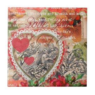 Azulejo Pájaros de Amor Corazón Rojo Arte Collage