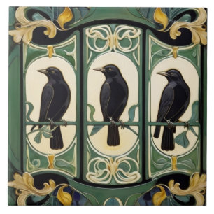 Azulejo Pájaros de cuervo verde Art Nouveau Art Deco Pájar