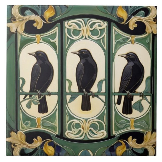 Azulejo Pájaros de cuervo verde Art Nouveau Art Deco Pájar (Frente)