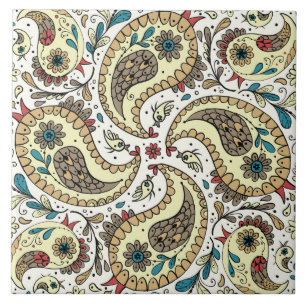 Azulejo Pájaros de paisley amarillos/marrones y blancos