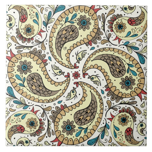 Azulejo Pájaros de paisley amarillos/marrones y blancos (Frente)
