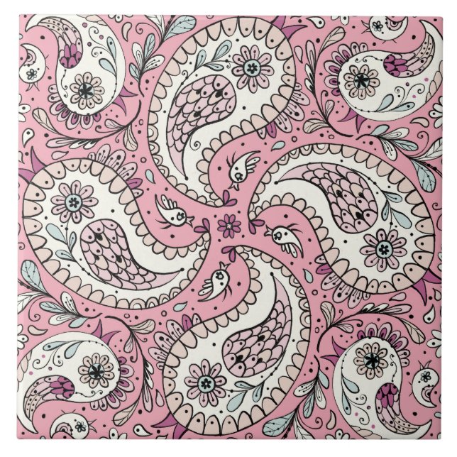 Azulejo Pájaros de paisley de rosa bebé (Frente)
