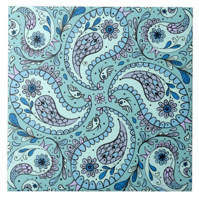 Azulejo Pájaros de paisley en azul bebé (Frente)