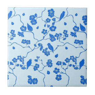 Azulejo Pájaros en Flor de Cerezo Azul sobre Azul