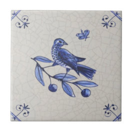 Azulejo Pájaros en la sucursal con mariposa azul delft rep