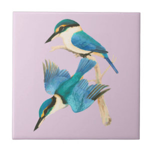 Azulejo Pájaros Martín Pescador Acuarela Rosa