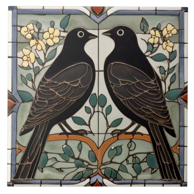 Azulejo Pájaros Negros Pareja de pájaro de vidrio fino (Frente)