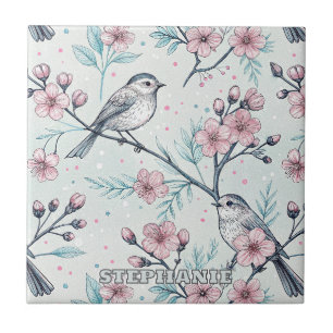 Azulejo Pájaros Turquesa Elegantes Flor de Cerezo Rosa