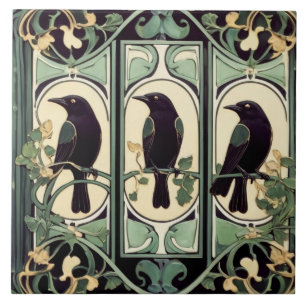 Azulejo Pájaros verdes de cuervo negro pájaro Art Nouveau 