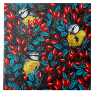 Azulejo Pájaros y caderas rosas de perro, azules y rojas