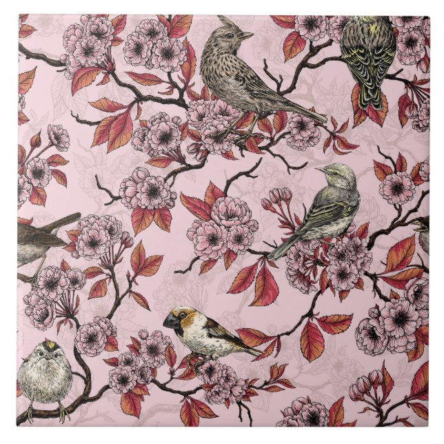 Azulejo Pájaros y flor de cerezo sobre rosa salmón (Frente)
