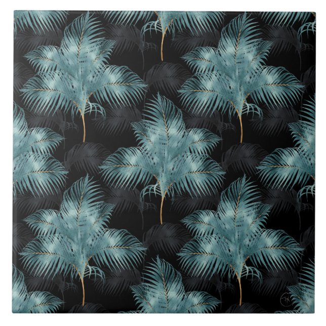 Azulejo Palm metálica tropical azul y dorada deja verano (Frente)