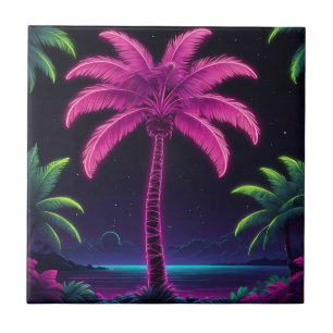 Azulejo Palm Tree neón con vibraciones retro y resplandor 