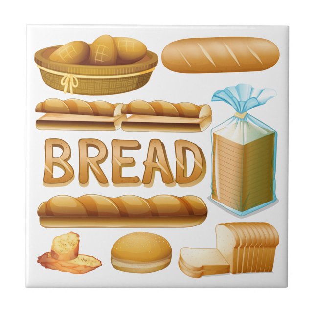 Azulejo Pan (Illustration of a variety of breads, including a basket of rolls, a loaf of bread, sliced baguettes.)