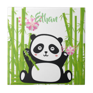 Azulejo Panda feliz con flores de bambú y cerezo