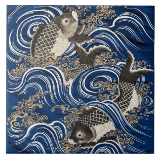 Azulejo Panel cerámico de carpa en olas - Fukusa - japonés