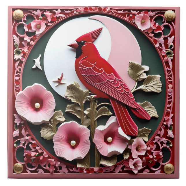 Azulejo Panel tallado oriental: Cardenal y hollyhocks (Frente)