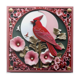 Azulejo Panel tallado oriental: Cardenal y hollyhocks