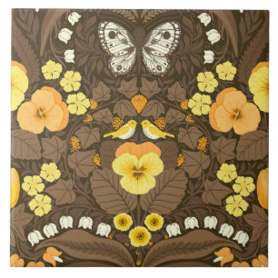 Azulejo Pansias amarillas, pájaros y mariposas