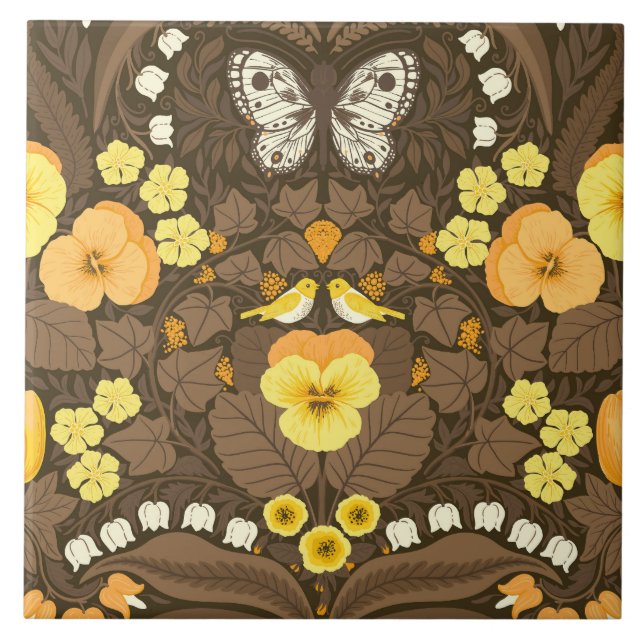 Azulejo Pansias amarillas, pájaros y mariposas (Frente)