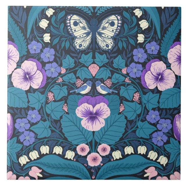 Azulejo Pansias, pájaros y mariposas (Frente)