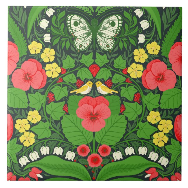 Azulejo Pansias rojas, pájaros y mariposas (Frente)