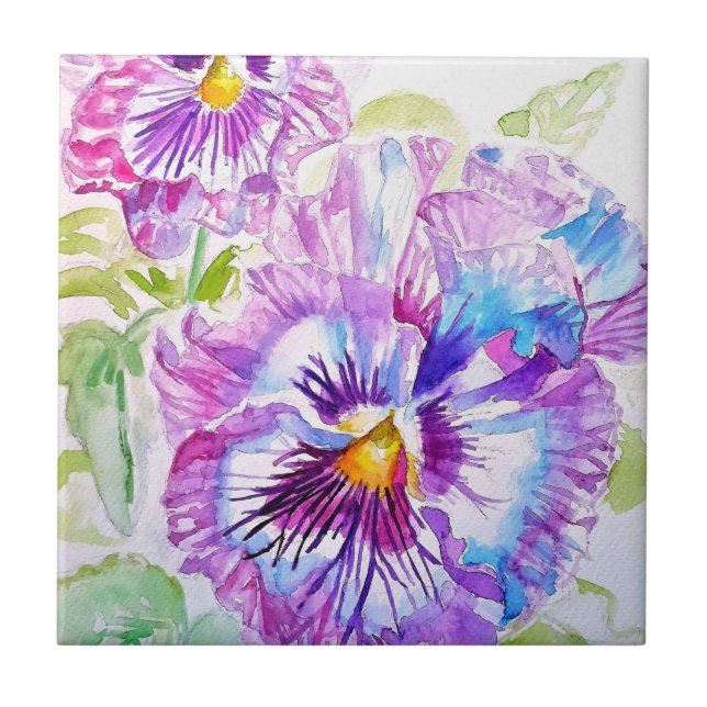 Azulejo Pansy Morado Flor Floral Amarillo Rosa Acuarela (Frente)
