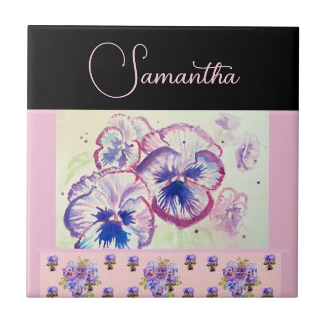 Azulejo Pansy rosa Pansies acuarela Flor Flor Arte floral (Frente)