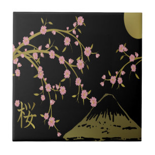 Azulejo Pantalla Japonesa Rosa Sakura Dorado Negro