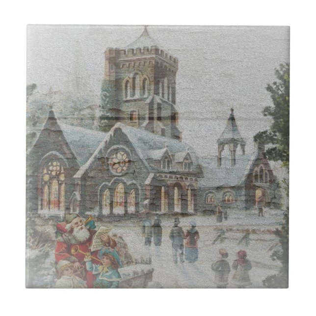 Azulejo Papá Noel de antaño con niños frente a una iglesia (Frente)