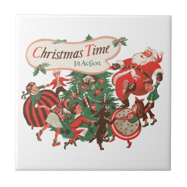 Azulejo Papá Noel de Navidad y niños bailando (Frente)
