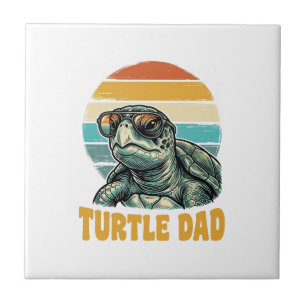 Azulejo Papá Tortuga Grabado Vintage Atardecer Retro Vecto
