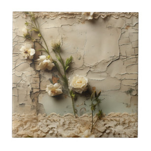 Azulejo Papel envejecido con motivo de flor rústica blanca