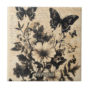 Azulejo Papel pergamino con mariposa en blanco y negro de