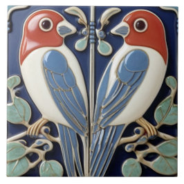 Azulejo Par de aves azul rojo - Aves Art Nouveau Art Deco