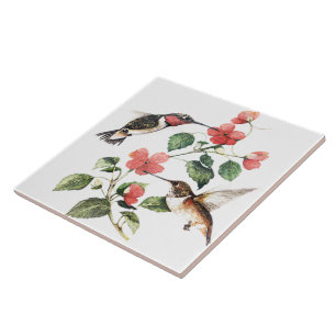 Azulejo Par De Aves Hummingbirds Florales Dulces Vintage