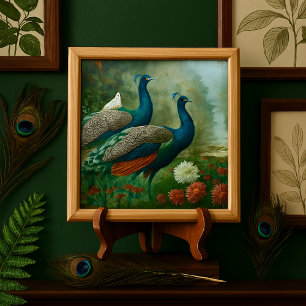 Azulejo Par de pavos reales cerámicos azul teal elegantes