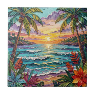 Azulejo Paraíso Tropical Escena de Playa Costera Impasto