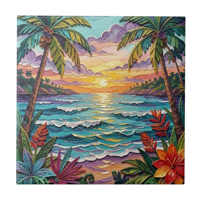 Azulejo Paraíso Tropical | Escena de Playa Costera Impasto (Frente)