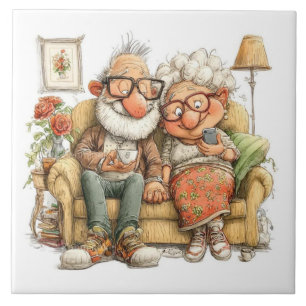 Azulejo Pareja de ancianos sentados en sofá
