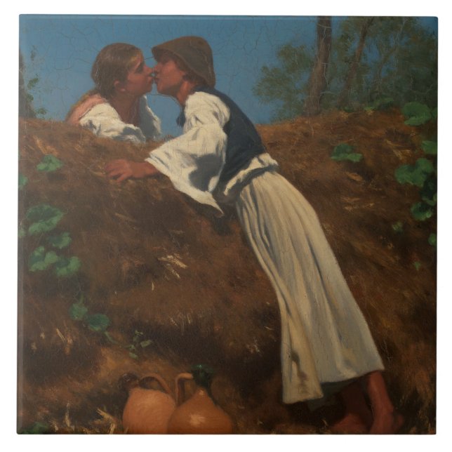 Azulejo Pareja de besos (The Kiss) (por von Pettenkofen) (Frente)