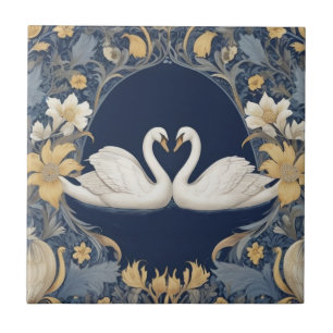 Azulejo Pareja de cisne blanco William Morris estilo Azul