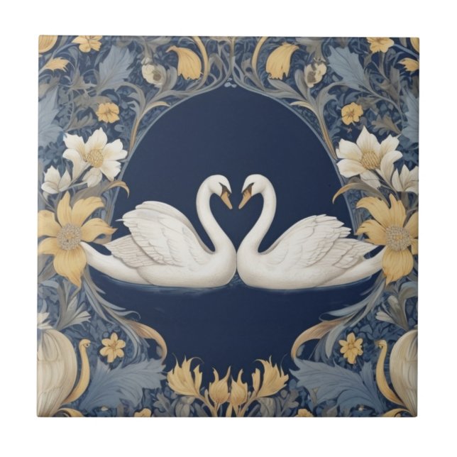 Azulejo Pareja de cisne blanco William Morris estilo Azul  (Frente)