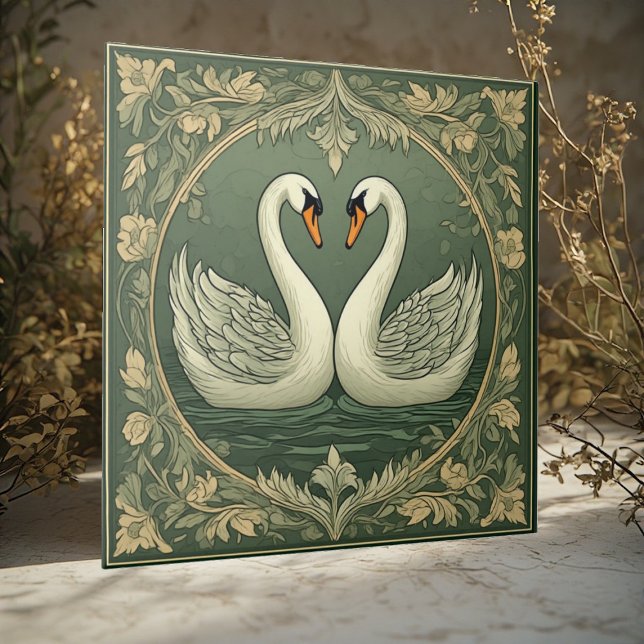 Azulejo Pareja de cisnes blancos románticos Art Deco Estan (Romantic White Swan Couple Art Deco Pond Green Sea Ceramic Tile)