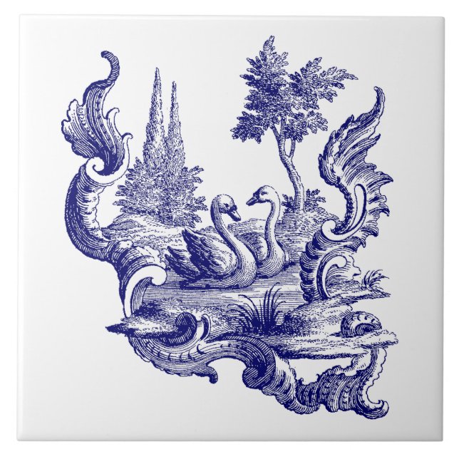 Azulejo Pareja de cisnes rococó azul y blanco (Frente)