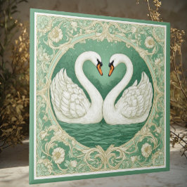 Azulejo Pareja de cisnes verdes con motivos florales de la