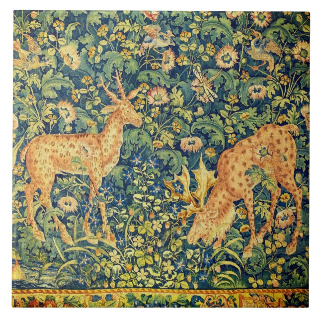 Azulejo PAREJA DE DEER CAÍDA,FLORES DE FANTASÍA GÓTICA,Ver (Frente)