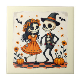 Azulejo Pareja de esqueletos adorables de Halloween en nar