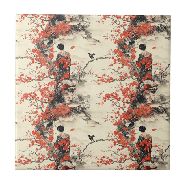 Azulejo Pareja de kimono romántico sakura patrón (2) (Frente)