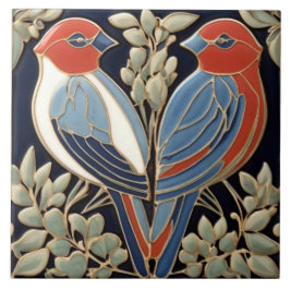 Azulejo Pareja de pájaros azules rojos - Aves Art Nouveau 